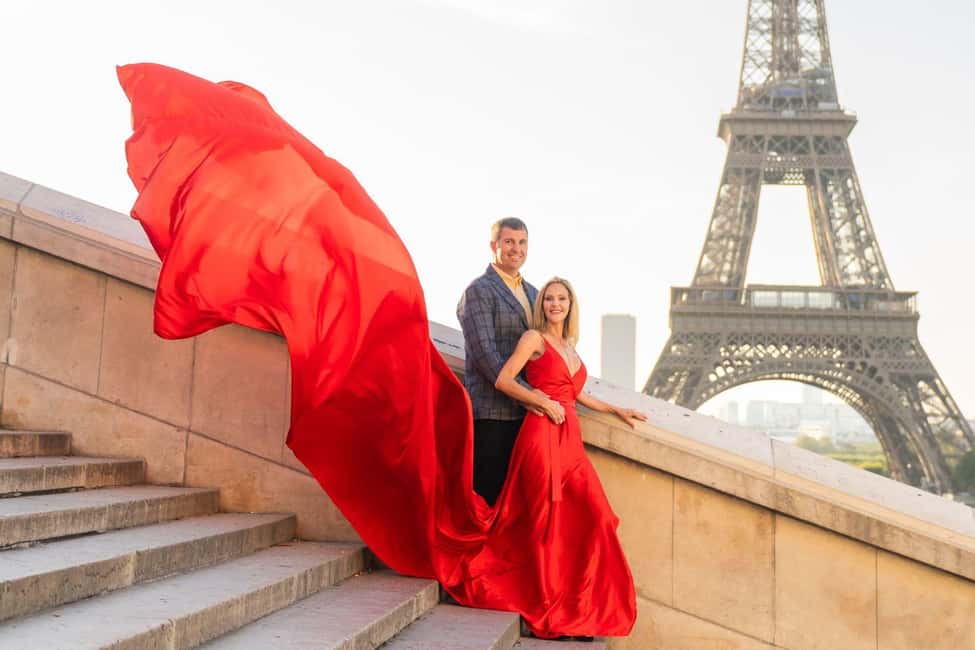 Paris: Eiffel Tower Glamor Photoshoot with Dress Options - Flying Dress at the Eiffel Tower: what the 1-hour slot really feels like